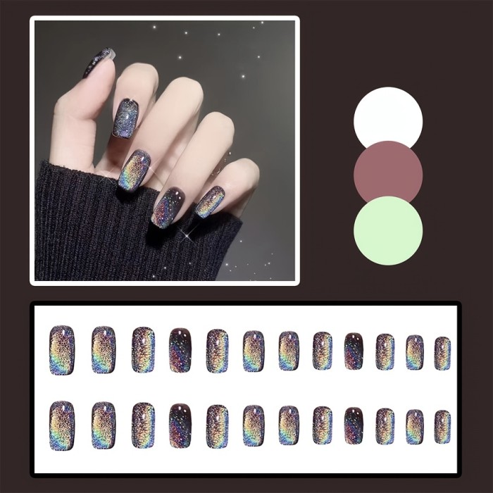 24 pcs Rainbow Cat Eye Press On Nails - Handmade Full Cover Short Fake Nails for Women - Coffin False Nails for a Bold and Eye-Catching Look