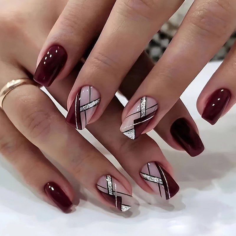 24pcs Glossy Medium Square Fake Nails, Burgundy Color Press On Nails With Geometry Line And Silvery Glitter Design, Sparkling Full Cover False Nails For Women Girls Fall Winter Nail Decoration