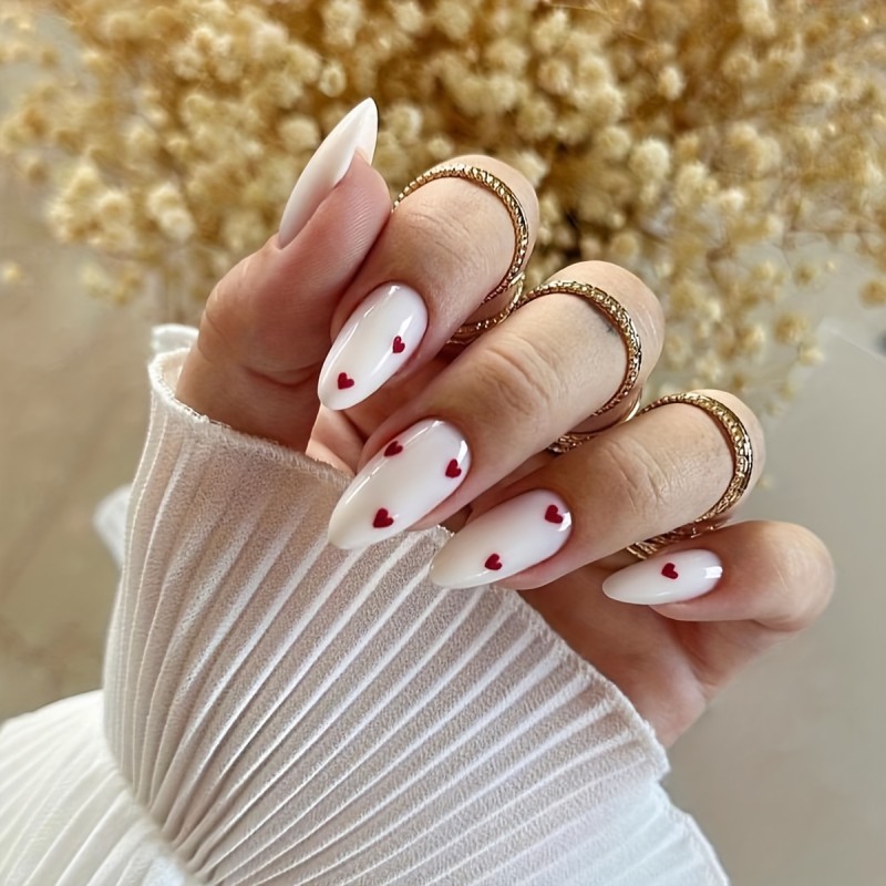 24pcs Short Almond Shaped Fake Nails White False Nails With Red Heart Pattern Design Glossy Press On Nails For Women Girls Valentine's Day Nails