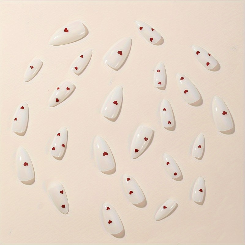 24pcs Short Almond Shaped Fake Nails White False Nails With Red Heart Pattern Design Glossy Press On Nails For Women Girls Valentine's Day Nails