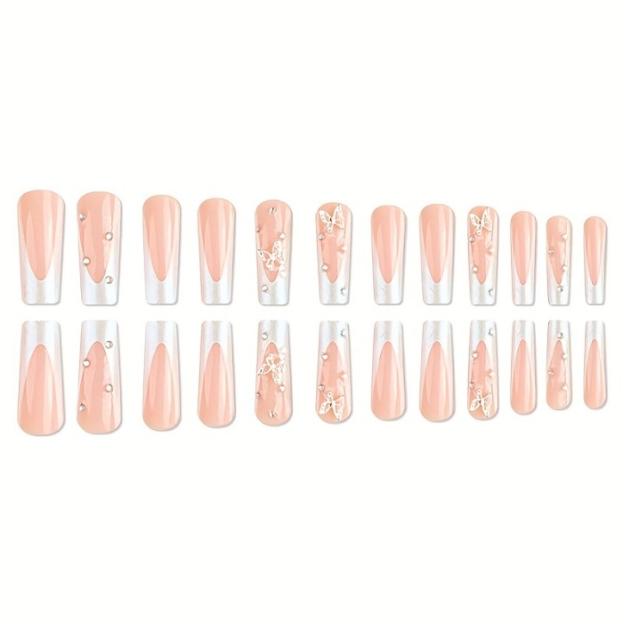 24pcs Pink Press On Nails, Long Coffin Fake Nails With 3D Butterfly Rhinestone And Laser Silver Glitter Design, Glossy Full Cover False Nails For Women And Girls