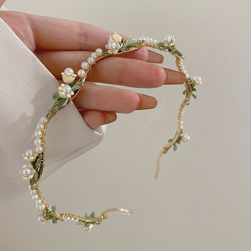 1pc New Faux Pearl Handmade Alice Band, Winding Lily Design, Fairy Flower Headband, Girl's Cute Hair Accessories Gift