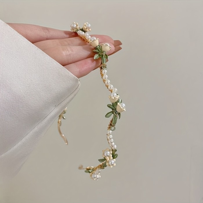 1pc New Faux Pearl Handmade Alice Band, Winding Lily Design, Fairy Flower Headband, Girl's Cute Hair Accessories Gift