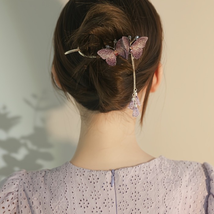 1pc Girl Chinese Style Tassel Butterfly Hair Pin, Hair Accessories Suitable For Daily