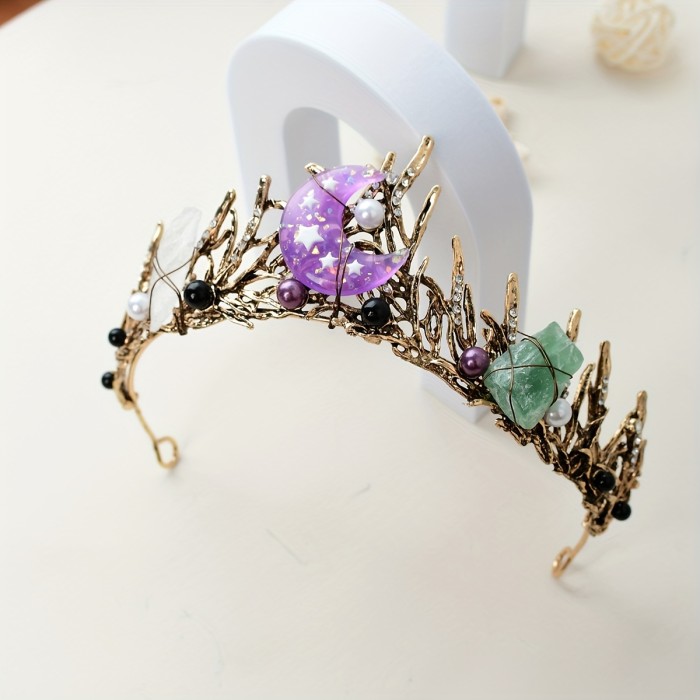 Natural Amethyst White Crystal Fluorite Mermaid Crown Fashion Colorful Crystal Vintage Metal Crown Hair Accessories Female 1pc