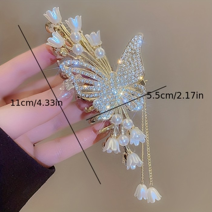 1pc Girl's Cool Flower Butterfly Rhinestone Faux Pearl Tassel High-quality Large Hair Clip, Zinc Alloy Fairy Girl's Hair Accessories, Ideal choice for Gifts