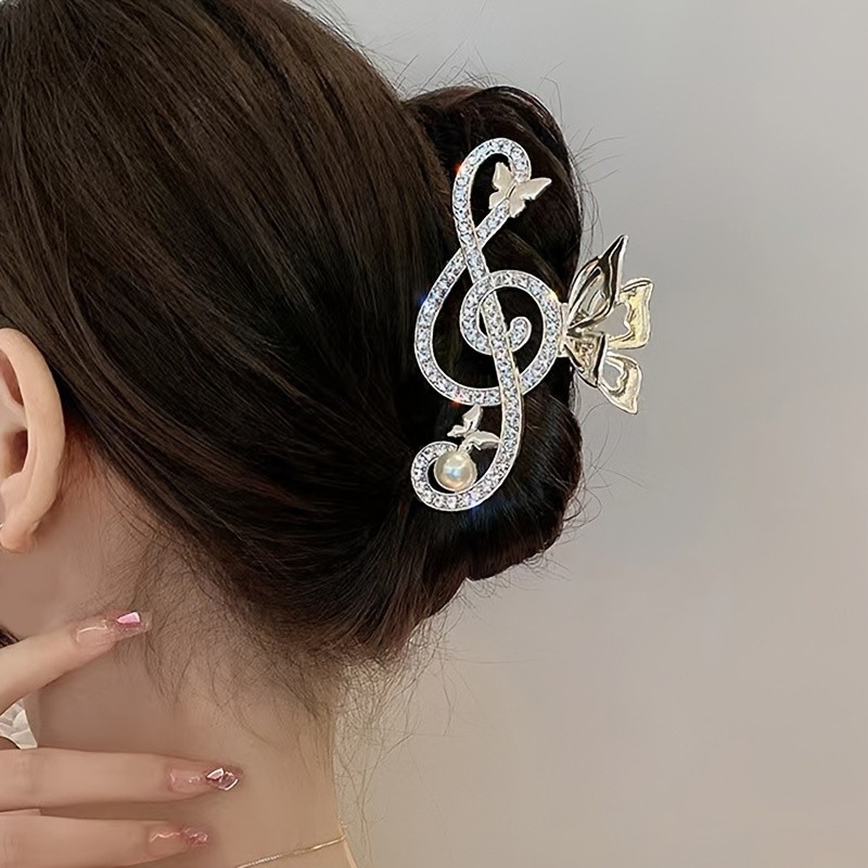 1pc, Elegant Cute Large Hair Grip, Shiny Rhinestones Musical Note Design Zinc Alloy Hair Clip, Women Girls Daily Party Outdoor Decors, Gift Photo Props Hair Accessories