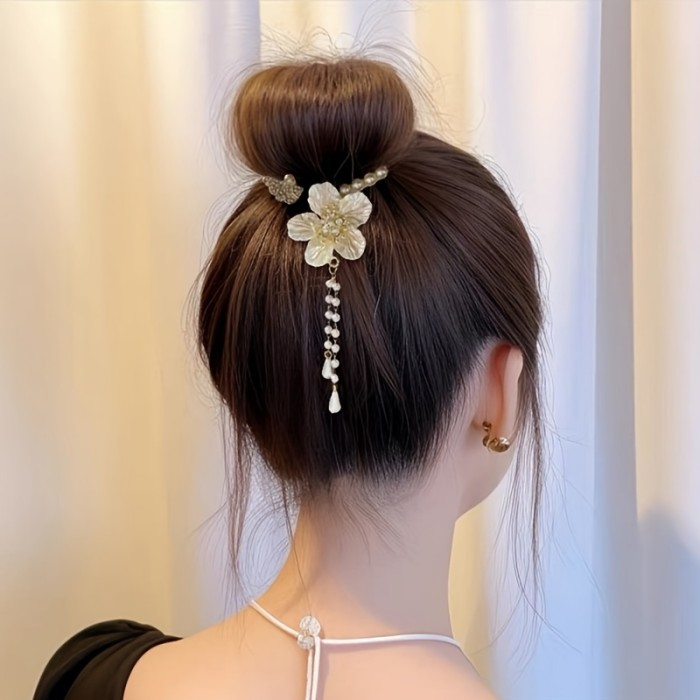 1pc, Elegant Cute Shiny Bun Buckle, Fresh Camellia Flower Design Tassel Hair Claw, Women Girls Casual Party Outdoor Decors, Gift Photo Props