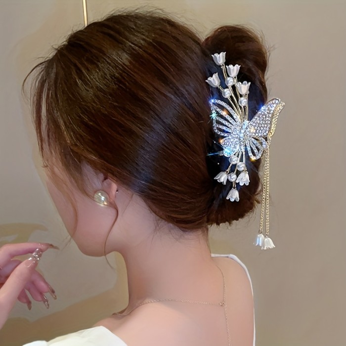 1pc Girl's Cool Flower Butterfly Rhinestone Faux Pearl Tassel High-quality Large Hair Clip, Zinc Alloy Fairy Girl's Hair Accessories, Ideal choice for Gifts
