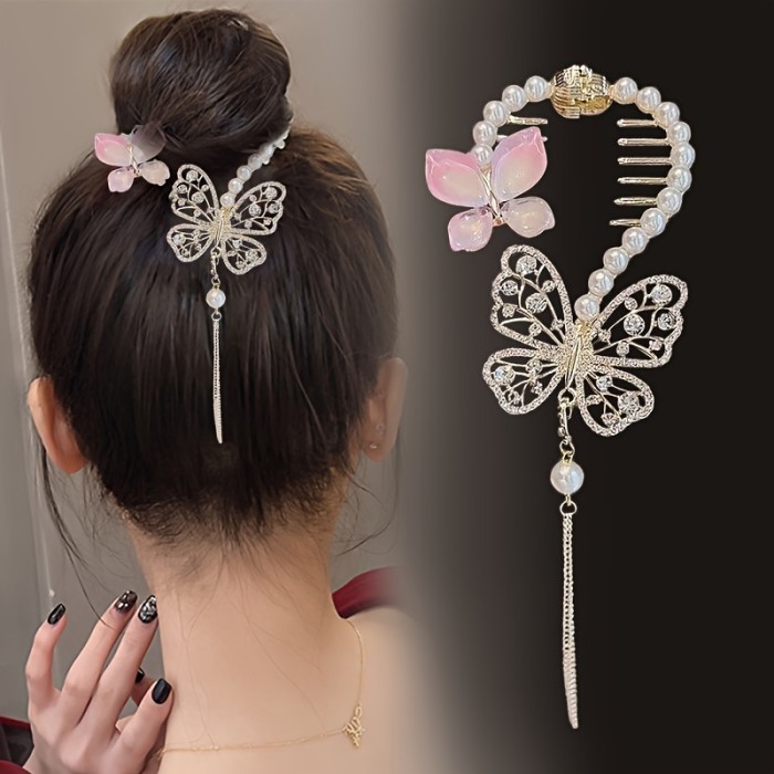 1pc, Elegant Exquisite Shiny Hair Claw Clip, Butterfly Design Rhinestones & Faux Pearls Hair Clip, Women Girls Daily Party Outdoor Decors, Vintage Tassel Ponytail Buckles Zinc Alloy Hair Accessories