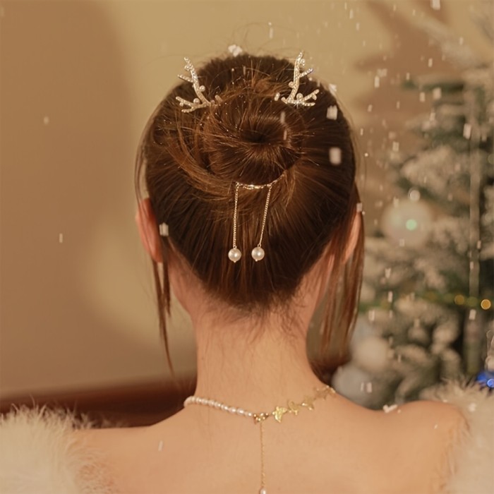1pc, Elegant Exquisite Shiny Bun Buckle, Christmas Antler Design Tassel Hair Clip, Women Girls Casual Party Outdoor Decors, Gift Photo Props Hair Accessories