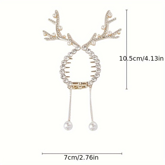 1pc, Elegant Exquisite Shiny Bun Buckle, Christmas Antler Design Tassel Hair Clip, Women Girls Casual Party Outdoor Decors, Gift Photo Props Hair Accessories