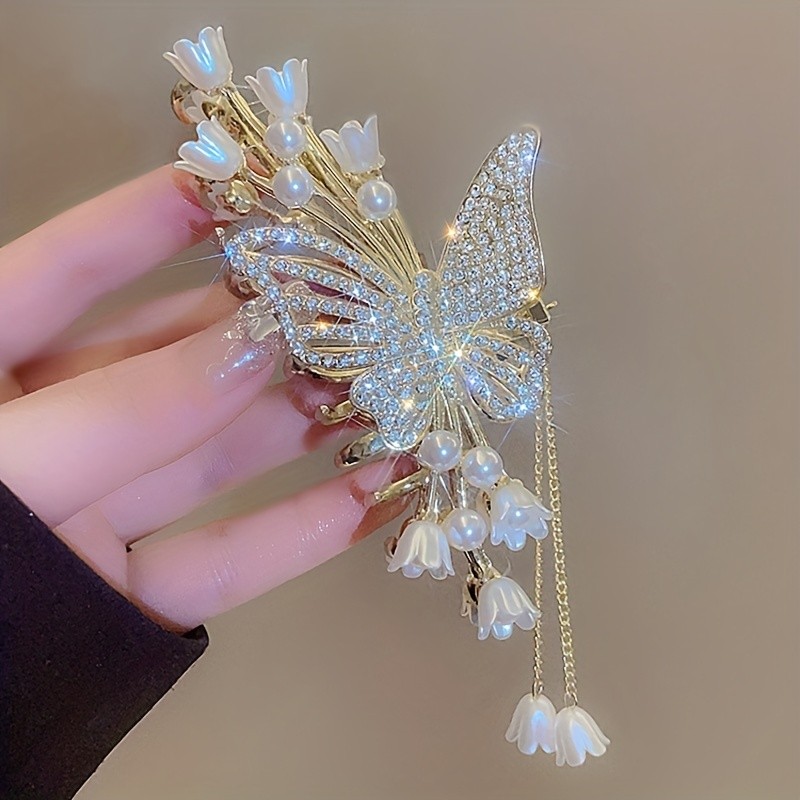 1pc Girl's Cool Flower Butterfly Rhinestone Faux Pearl Tassel High-quality Large Hair Clip, Zinc Alloy Fairy Girl's Hair Accessories, Ideal choice for Gifts