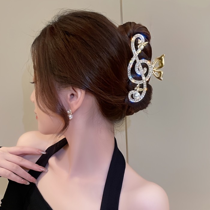 1pc, Elegant Cute Large Hair Grip, Shiny Rhinestones Musical Note Design Zinc Alloy Hair Clip, Women Girls Daily Party Outdoor Decors, Gift Photo Props Hair Accessories