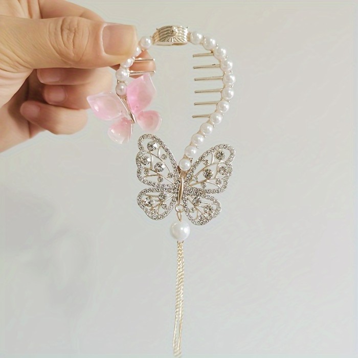 1pc, Elegant Exquisite Shiny Hair Claw Clip, Butterfly Design Rhinestones & Faux Pearls Hair Clip, Women Girls Daily Party Outdoor Decors, Vintage Tassel Ponytail Buckles Zinc Alloy Hair Accessories