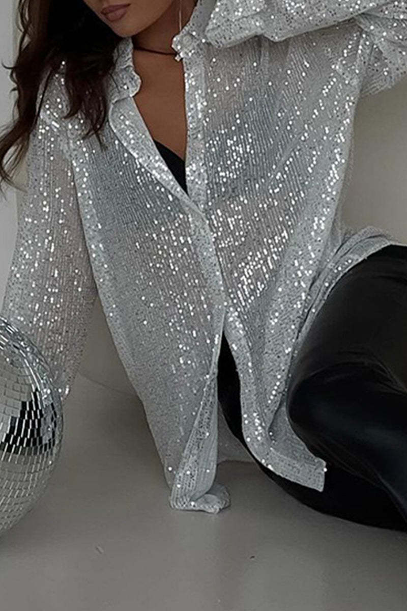 Sexy Solid See-through Mesh Turndown Collar Tops main image 0