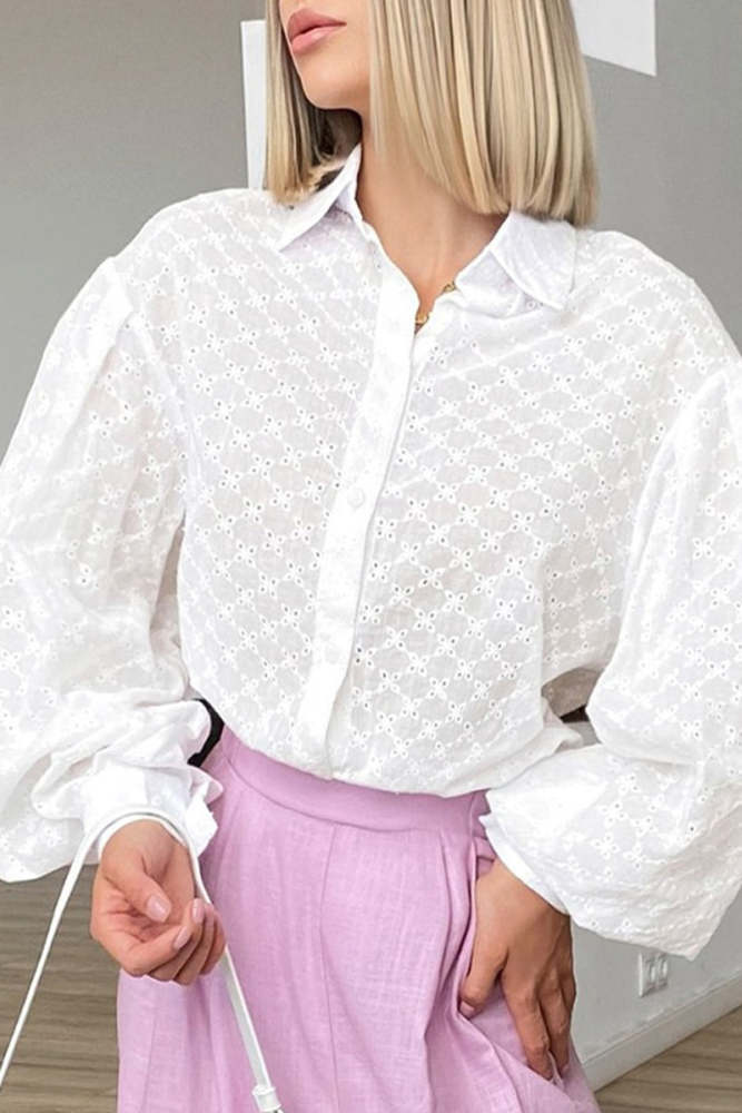 Elegant Solid Jacquard Hollowed Out Turndown Collar Tops