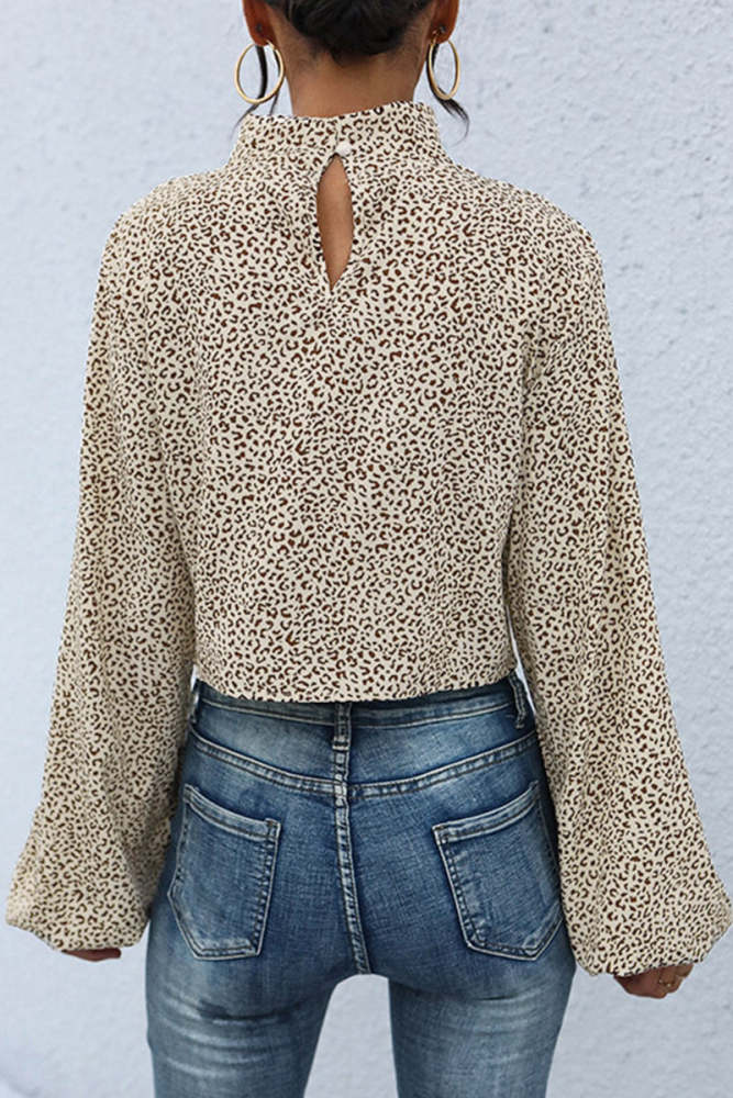 Casual Leopard Asymmetrical Printing Turtleneck Tops