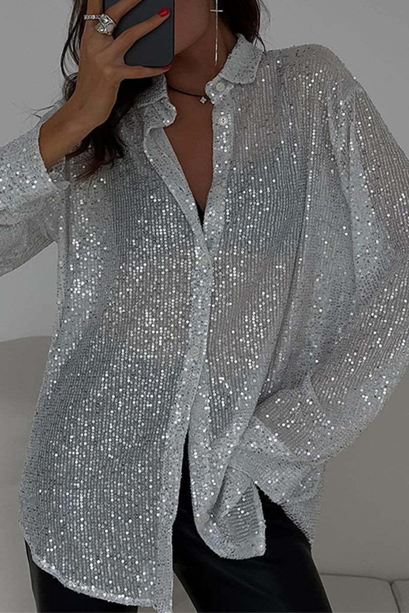 Sexy Solid See-through Mesh Turndown Collar Tops
