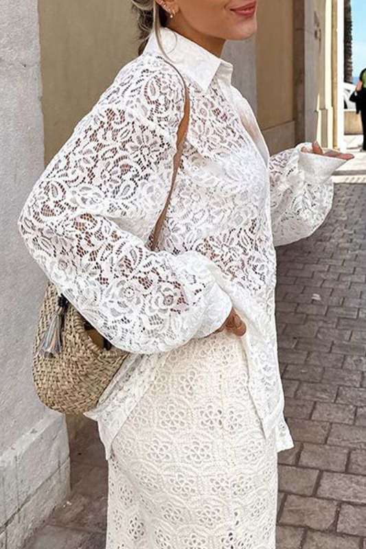 Sexy Solid Lace Hollowed Out Turndown Collar Tops
