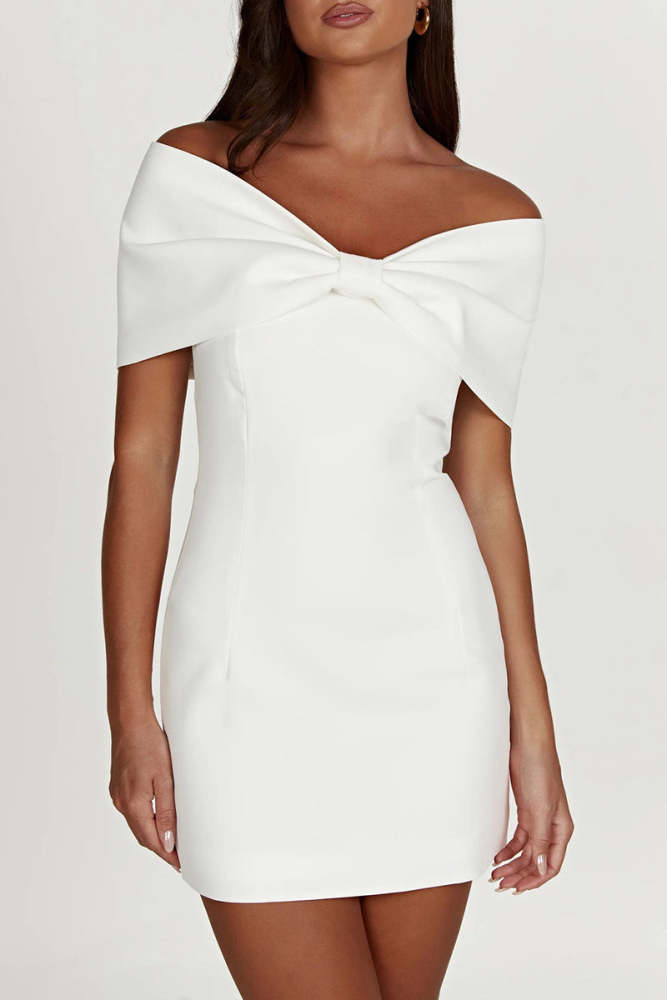 Sexy  Solid With Bow Off the Shoulder Wrapped Skirt Dresses