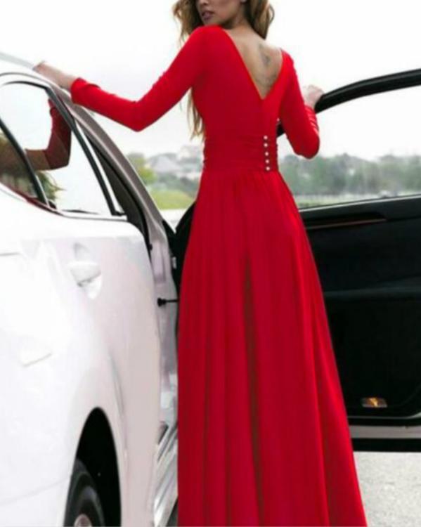 V-Neck Solid Color Long Sleevethe Sides Split Maxi Dress