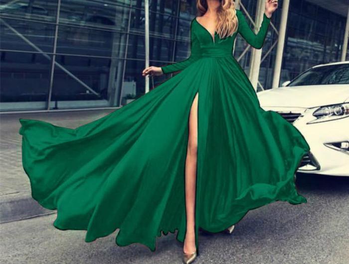 V-Neck Solid Color Long Sleevethe Sides Split Maxi Dress