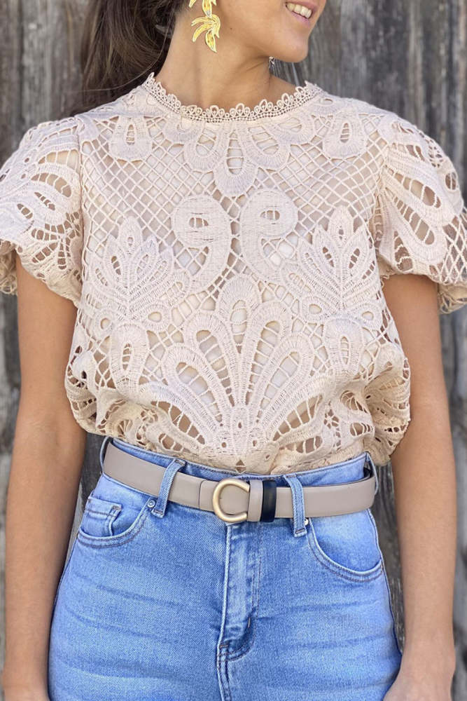 Casual Solid Lace Hollowed Out O Neck Tops