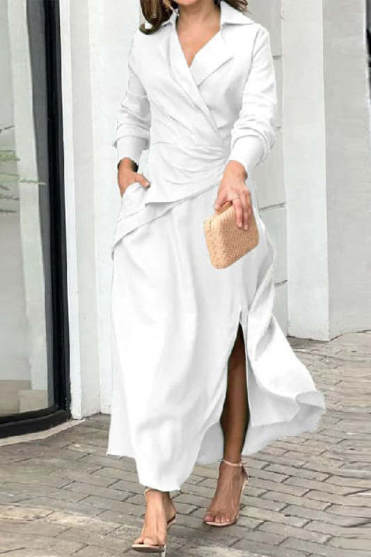Elegant Solid Slit Fold Turndown Collar Shirt Dress Dresses