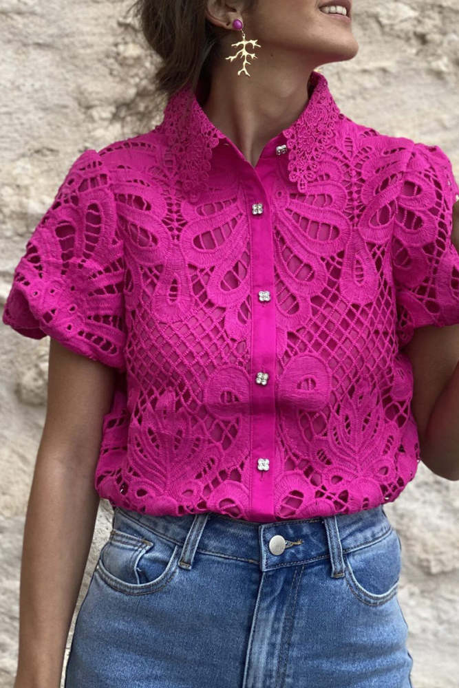 Casual Simplicity Solid Lace Hollowed Out O Neck Tops main image 0