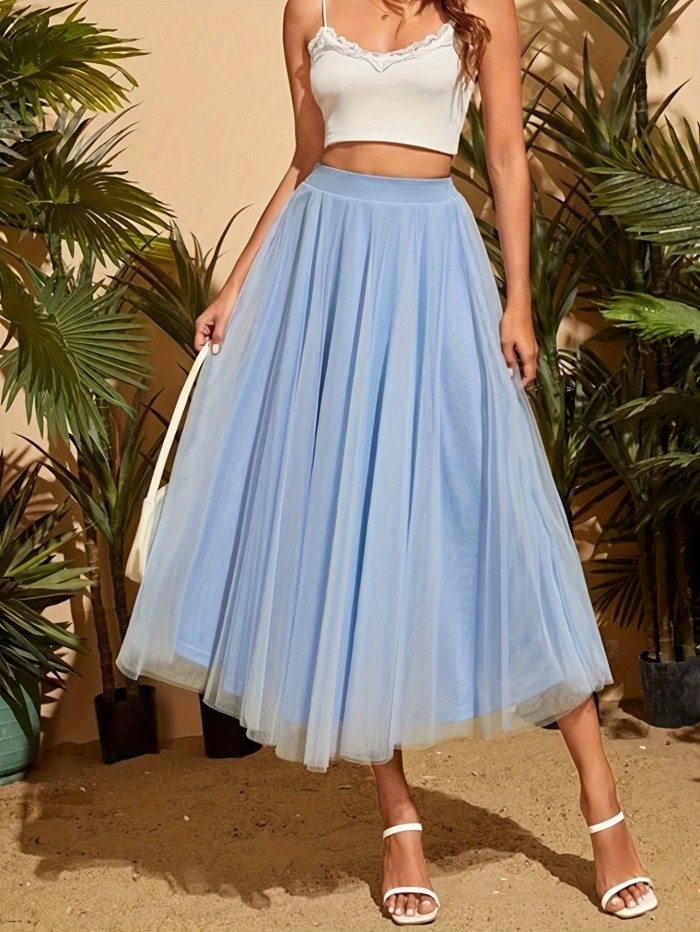Solid High Waist Tiered Mesh Skirt, Elegant Flared Midi Skirt, Women's Clothing