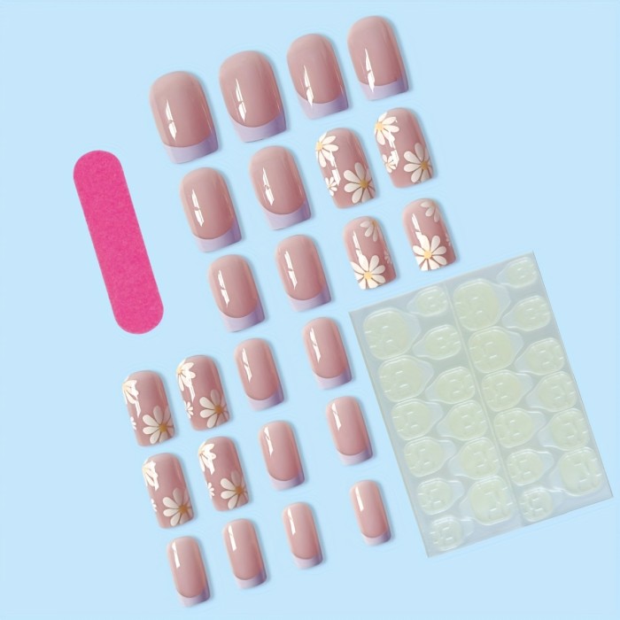 24 Pcs Press on Nails Short White Daisy Fake Nails Full Cover Stick on Nails French Acrylic Exquisite False Nails with Glue Design Nails for Women and Girls