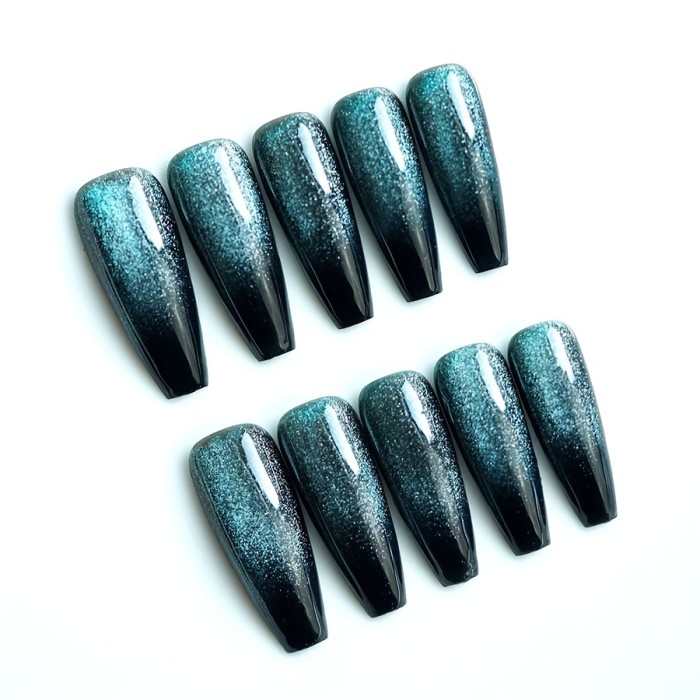 Blue Cat Eye Press On Nails Long Luxury Gradient Fake Nails Glossy Full Cover False Nails For Women And Girls 24Pcs