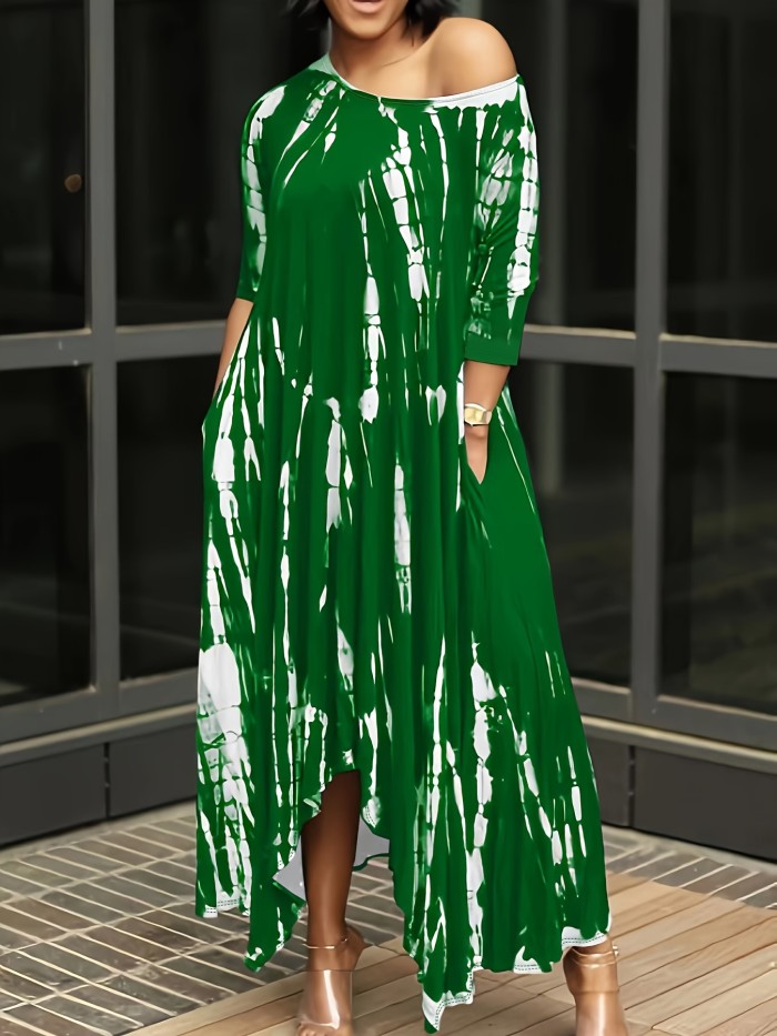 Plus Size Tie Dye Long Sleeve Round Neck Maxi Dress, Women's Plus Slight Stretch Casual Long Dress