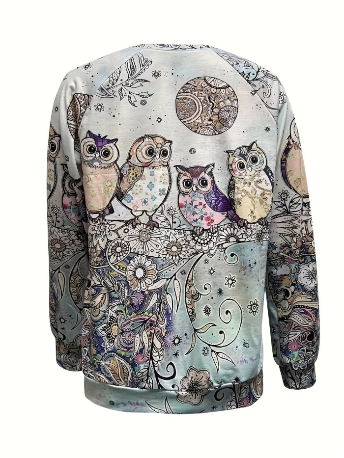 Owl Print Pullover Sweatshirt, Casual Long Sleeve Crew Neck Sweatshirt, Women's Clothing