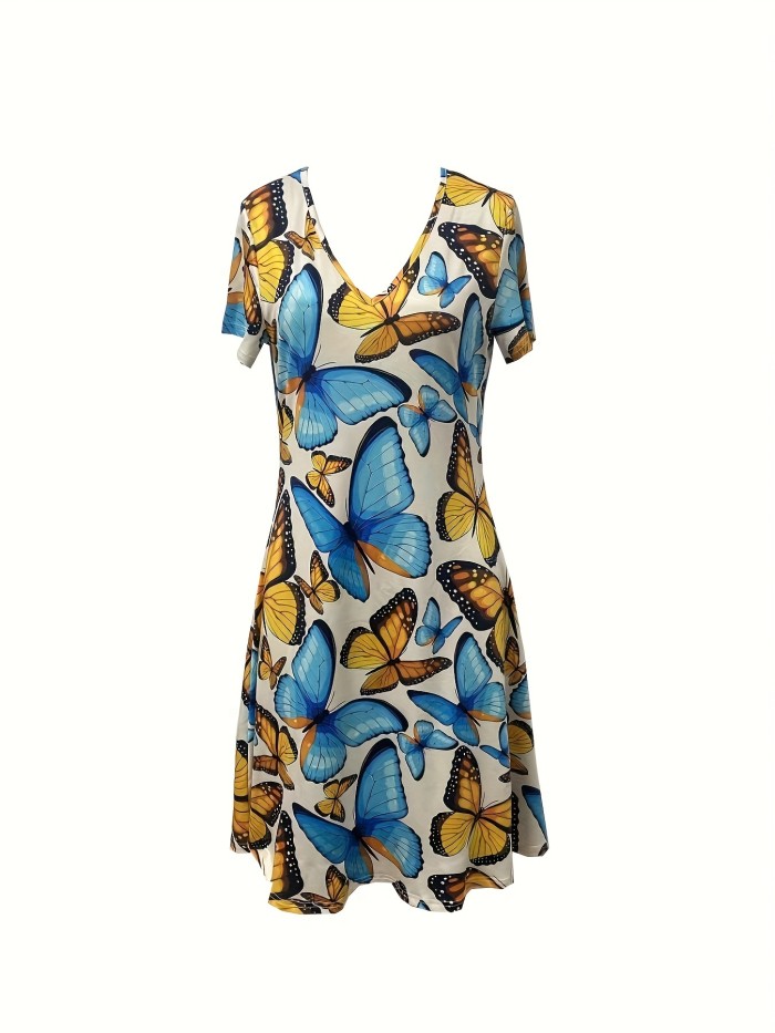 Butterfly Print V Neck Dress, Elegant Short Sleeve Dress For Spring & Summer, Women's Clothing