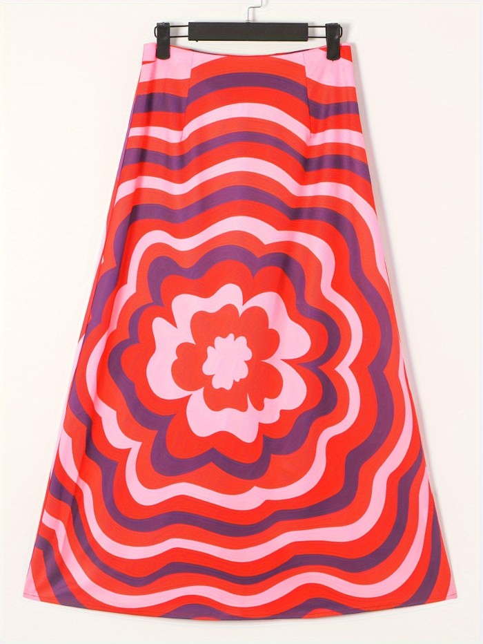 Graphic Print High Waist Skirt, Versatile Split Hem Skirt For Spring & Summer, Women's Clothing