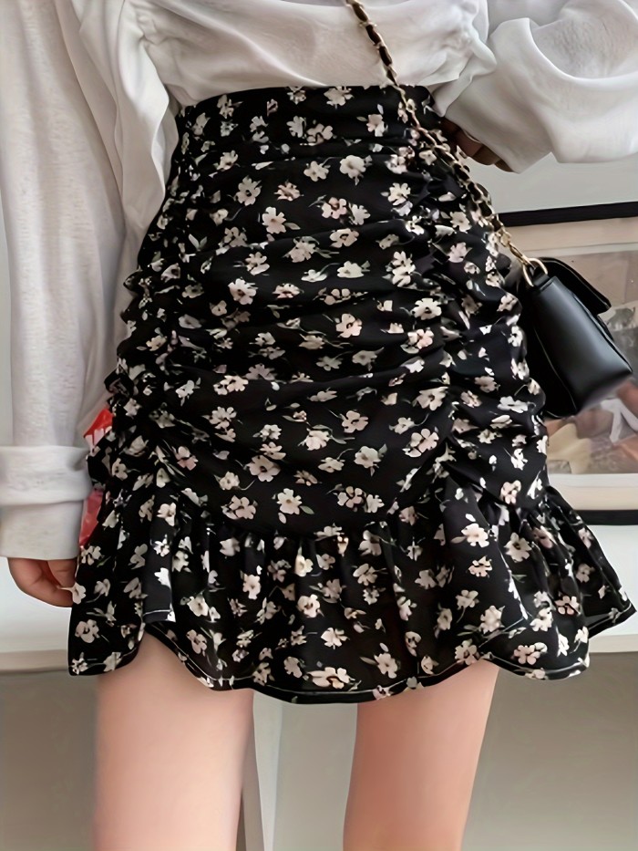 Floral Print Ruffle Hem Ruched Skirt, Vintage High Waist Skirt For Spring & Summer, Women's Clothing