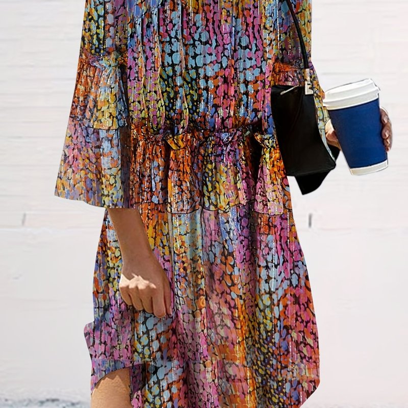 Plus Size Casual Dress, Women's Plus Painting Half Sleeve Round Neck Mini Tee Dress