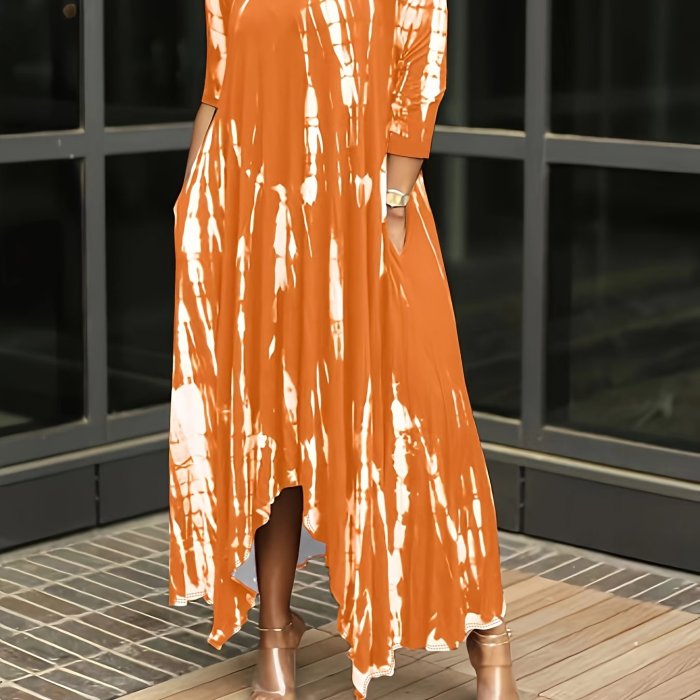 Plus Size Tie Dye Long Sleeve Round Neck Maxi Dress, Women's Plus Slight Stretch Casual Long Dress