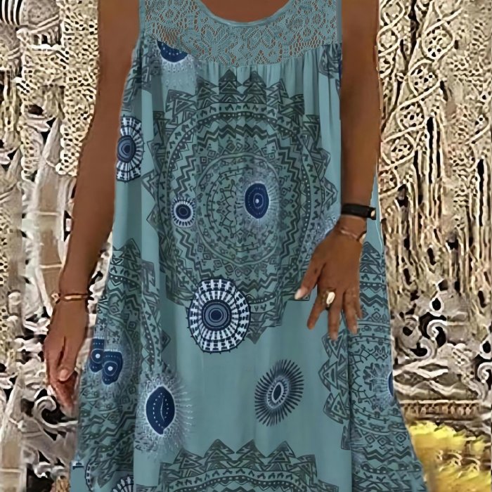 Plus Size Casual Dress, Women's Plus Tile Print Eyelet Embroidered Round Neck Tank Dress