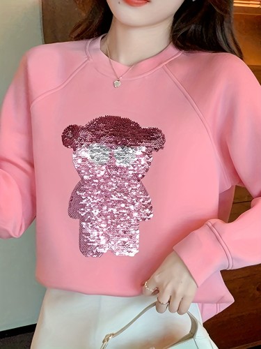 Sequined Bear Pattern Pullover Sweatshirt, Casual Long Sleeve Crew Neck Sweatshirt For Fall & Winter, Women's Clothing