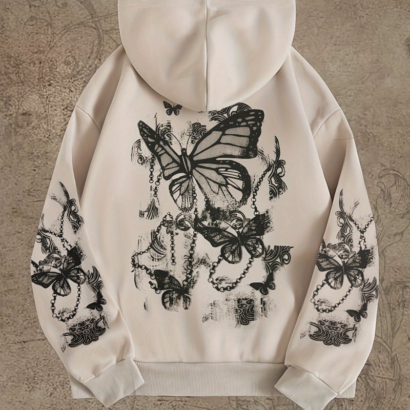 Butterfly Print Kangaroo Pocket Hoodie, Casual Long Sleeve Drawstring Hoodies Sweatshirt, Women's Clothing