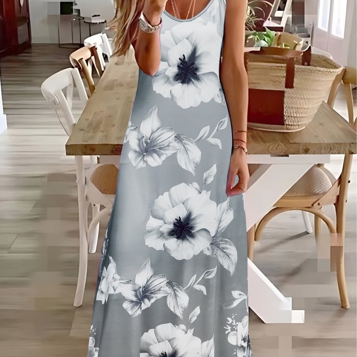 Floral Print Spaghetti Dress, Casual Crew Neck Ankle Cami Dress, Women's Clothing