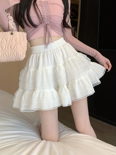 Kawaii Lace Decor Tiered Mini Skirt, Elastic Waist Skirt For Spring & Summer, Women's Clothing