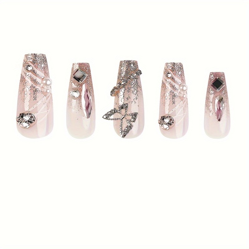 24 Pcs Handmade Glossy Long Coffin Press On Nails Pinkish French Style False Nails With 3D Butterfly And Rhinestone Design Glitter Reusable Fake Nails For Women Girls Valentine's Day Nail Decor