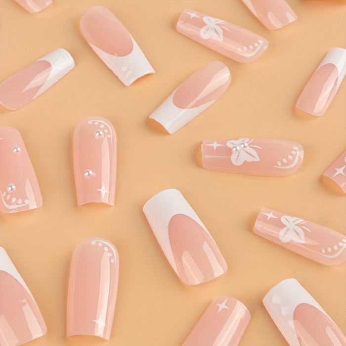 24pcs Press On Nails Long Coffin Fake Nails Nude False Nails With White Pearls Butterfly Design, Acrylic Nails With 1 Jelly Glue And 1 Nail File For Women