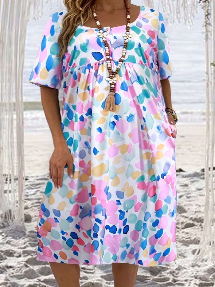 Plus Size Elegant Dress, Women's Plus Painting Print Short Sleeve Button Up Notched Neck Tee Dress With Pockets