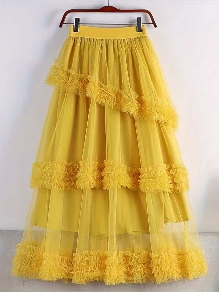 Mesh Overlay Elastic Waist Tiered Skirt, Elegant Ruffle Decor A-line Skirt For Spring & Summer, Women's Clothing