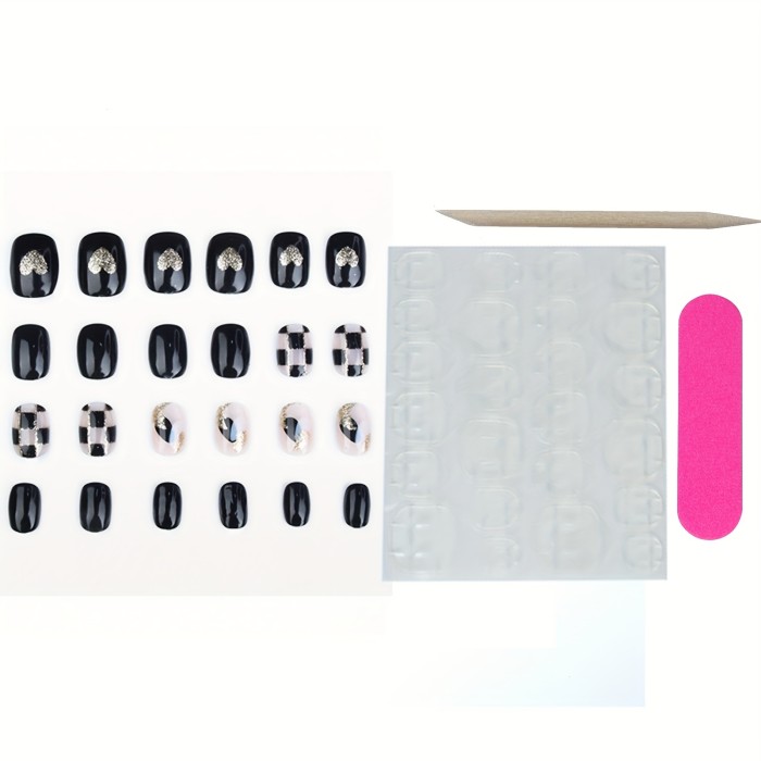 Chessboard and Heart Design Press On Nails - Pink and Black Square Fake Nails for Women and Girls - Acrylic False Nails for Nail Art and Salon Home Use